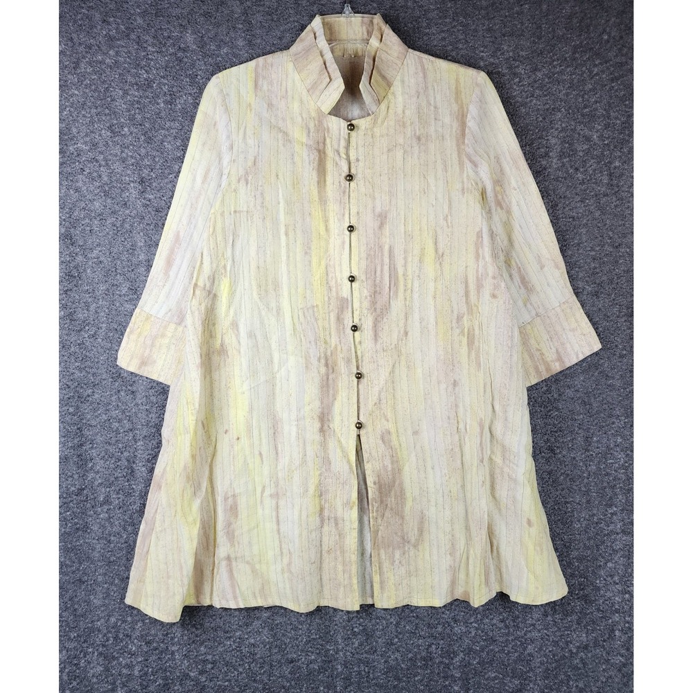 Fridaze Linen Tunic Womens S Yellow Striped Mandarin Collar Button Down Top